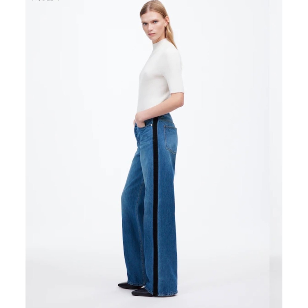 Madewell Low-Slung Baggy Jeans Side Tuxedo Stripe Blue Wide Leg Size 32 Low Rise